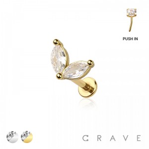 CZ PRONG DOUBLE MARQUISE GEM THREADLESS (PUSH IN) TOP 316L SURGICAL STEEL LABRET SET